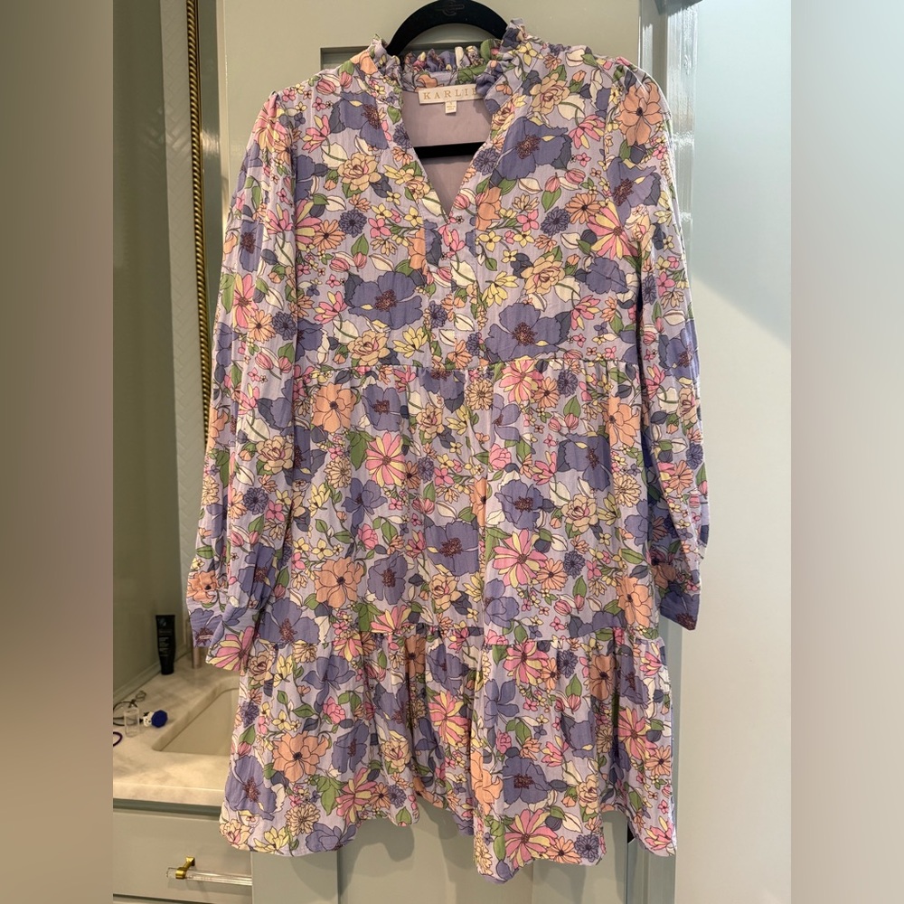 Karlie Floral shift girlie short long sleeve Dress purple blue pink Small